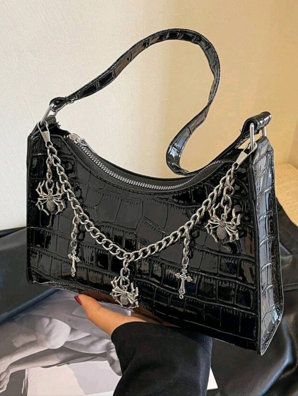 Black Croc-Embossed Shoulder Bag with Silver Chain Charms